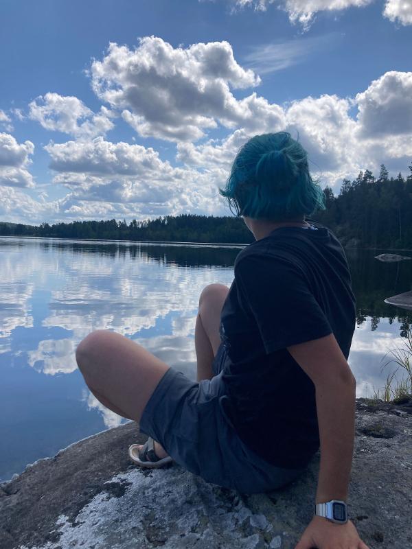 Ragazza seduta su una roccia con un panorama mozzafiato dietro di lei durante il campo avventura internazionale in Svezia 