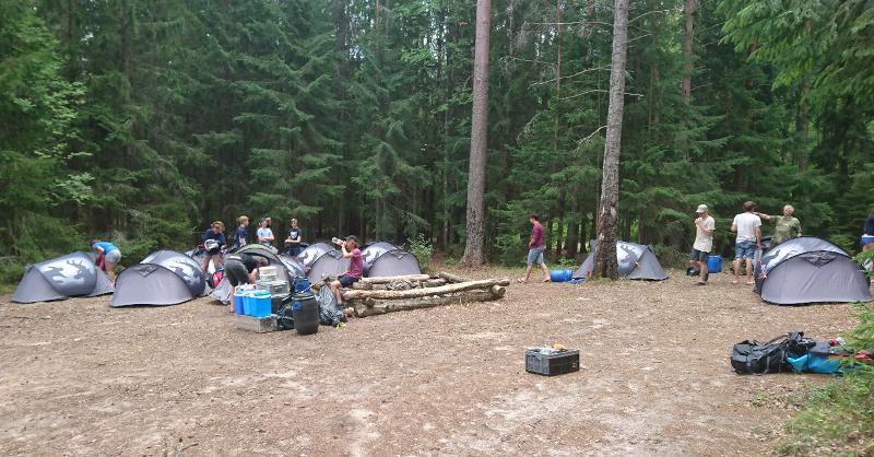 Si vede il campeggio con le tende grigie preparato dai partecipanti del campo avventura in Svezia in mezzo alla foresta di pini alti