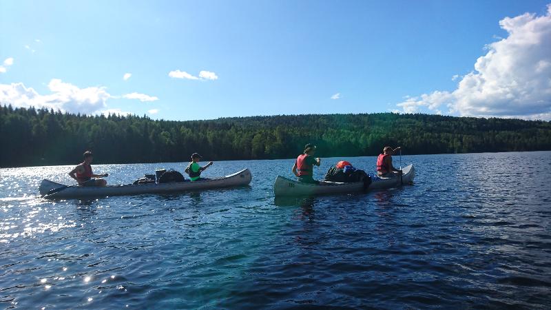 Ci sono quattro ragazzi del campo avventura in Svezia su due kayak che indossano i giubbotti di salvataggio e remano nel lago