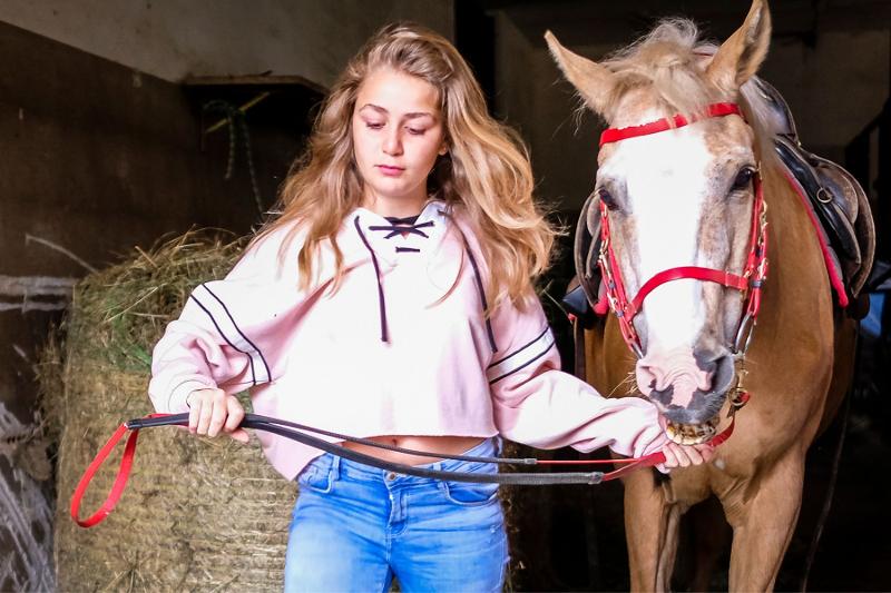 Una ragazza guida il cavallo del campo estivo equitazione tramite la sua briglia
