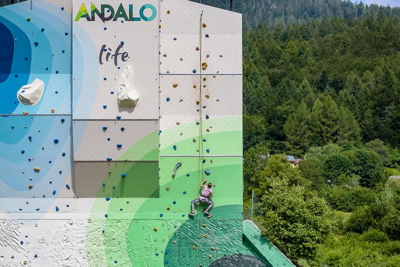 Al campo estivo arrampicata, una ragazza sta scalando un muro con la corda protettiva