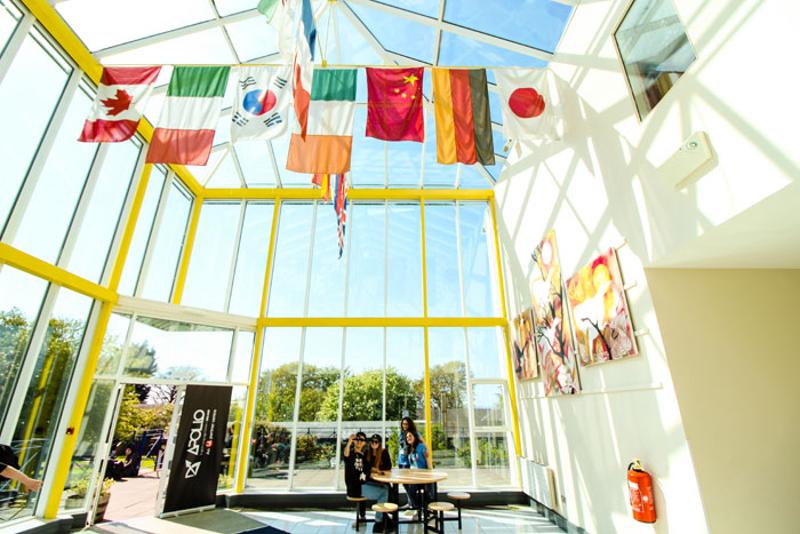 Vista dell'istituto dove si tengono le lezioni durante il soggiorno linguistico in inglese a Dublino, con tanti ragazzi, quadri e bandiere