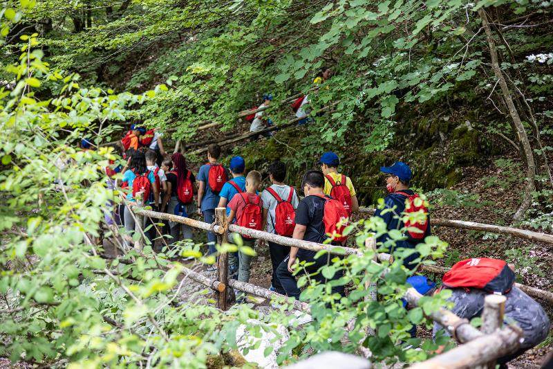 Al campo estivo Lazio i bambini percorrono un percorso guidato nel bosco con i loro zaini